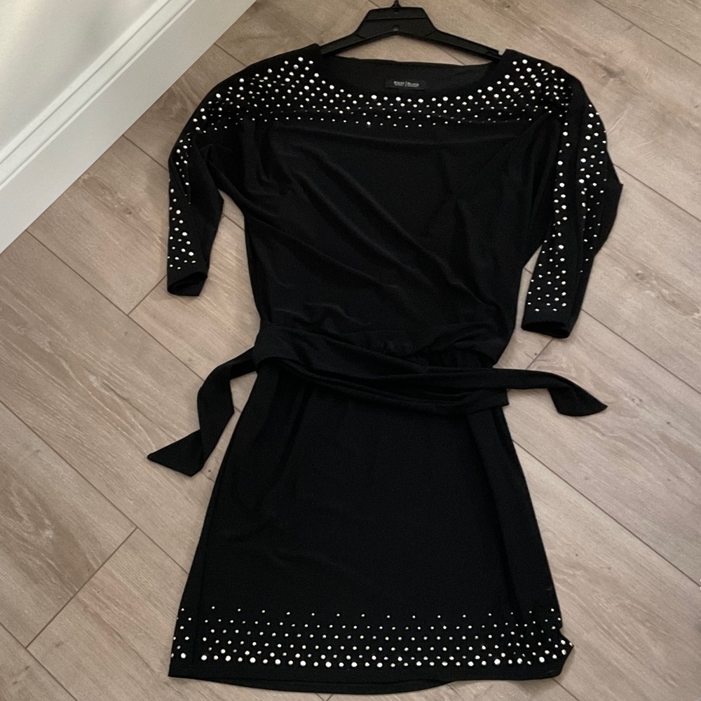 White House Black Market Black Studded Long-Sleeve Tie-Waist Dress